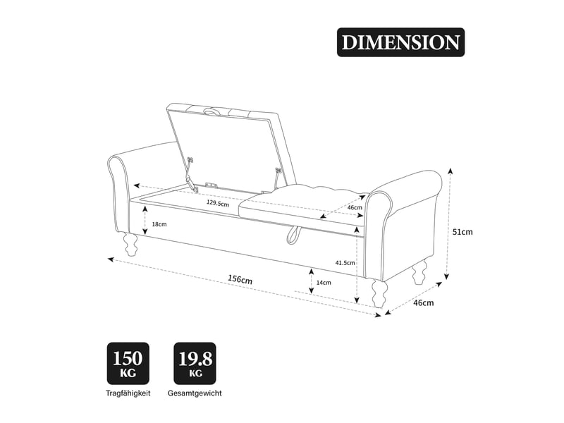  Banc coffre 156x41x51 cm, 2 couvercles, rangement, design moderne, structure robuste, tissu bouclette, couleur beige  - Conforama C