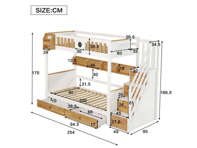  Lit superposé 90x200cm, lit enfant avec compartiments, tiroirs, espace de rangement, barrière de protection, blanc et naturel  - Conforama R