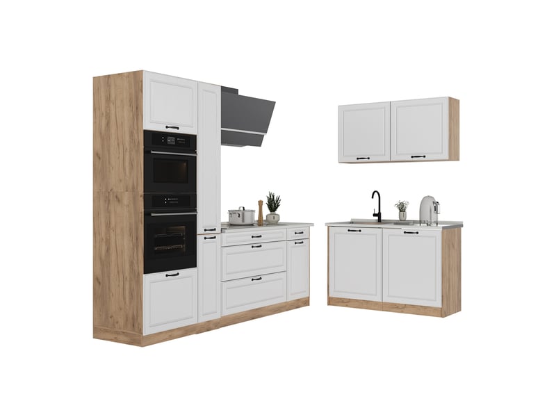  Vicco cuisine en angle, blanc campagnechêne doré, 230 x 120 cm plan de travail marbre  - Conforama E
