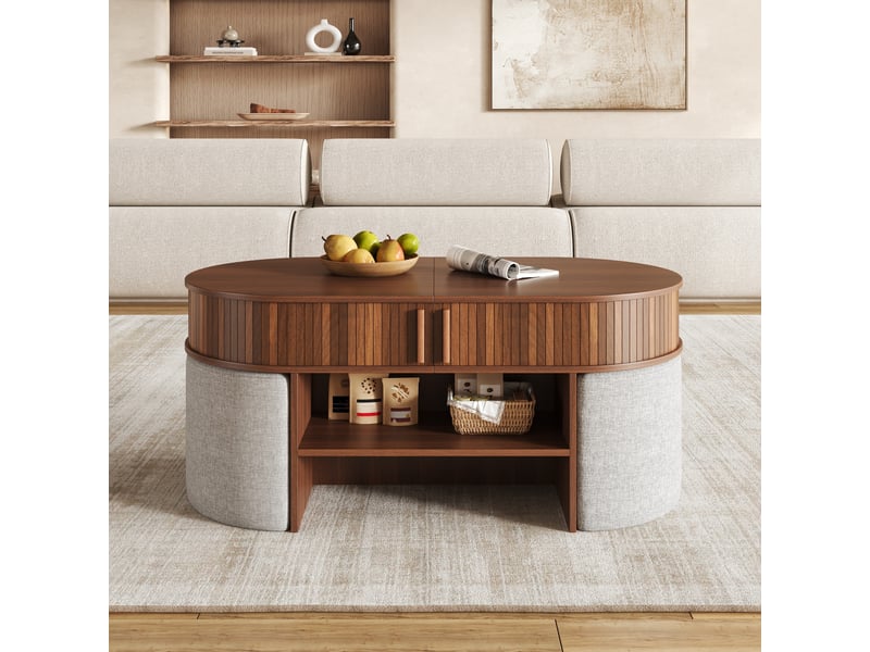  Table basse bois foncé 120 × 60 × 51,5 cm, mdf et panneau de particules, avec poufs, portes coulissantes, forme ovale  - Conforama D