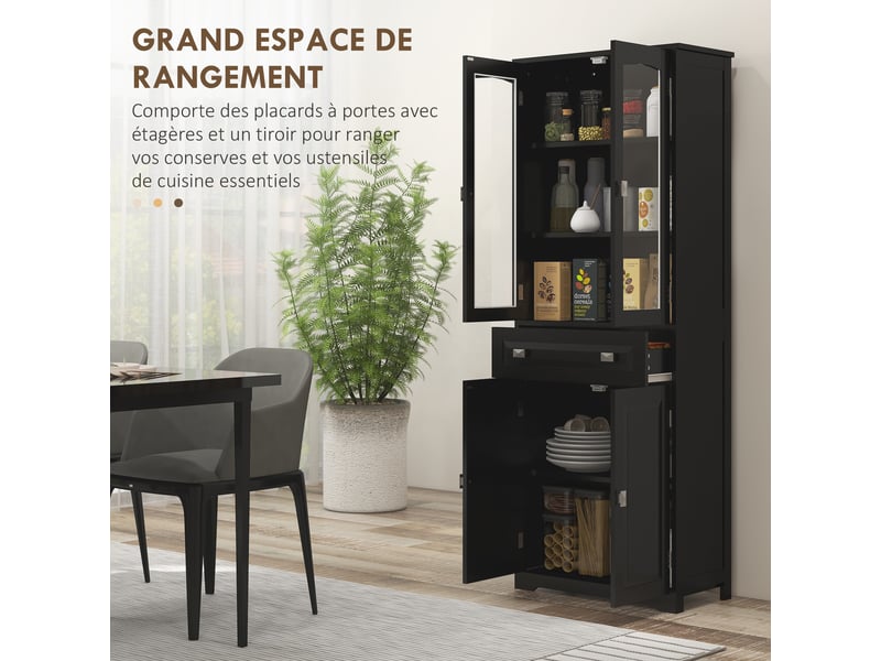  Buffet haut armoire de cuisine 4 portes dont 2 portes vitrées et 1 hauteur tiroir 160 cm avec étagères en bois noir  - Conforama A