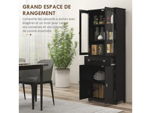 Buffet haut armoire de cuisine 4 portes dont 2 portes vitrées et 1 hauteur tiroir 160 cm avec étagères en bois noir