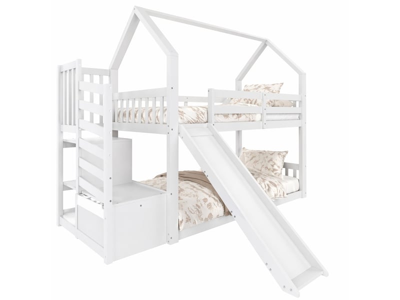 Lit superposé enfant 90x200 cm avec toboggan, escalier de rangement, blanc - Conforama A
