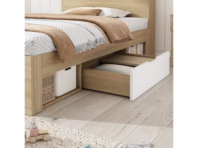 Lit enfant 90x200 cm avec 2 tiroirs et tête de lit étagère, lit en bois, chêne, avec matelas - Conforama E