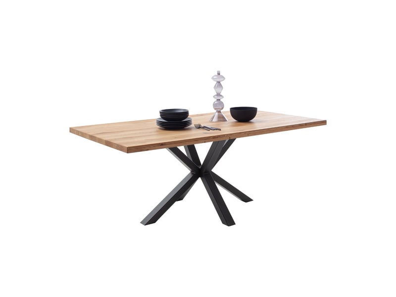 Table à manger avec bord droit coloris chêne massif naturel et pieds en métal forme croisée - longueur 180 x profondeur 100 x hauteur 76 cm - Conforama C