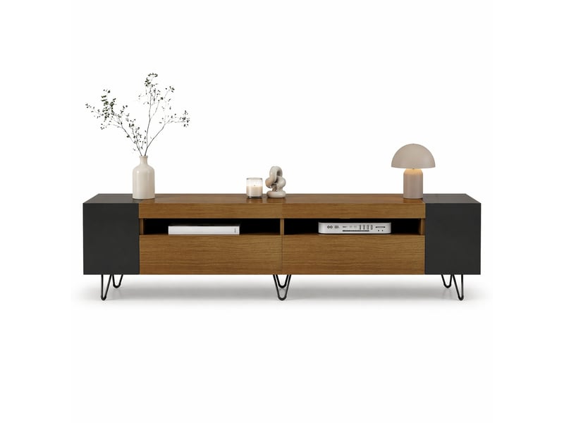  Meuble tv 180 cm noir et décor bois, 2 portes, niches ouvertes et passe-câbles  - Conforama A