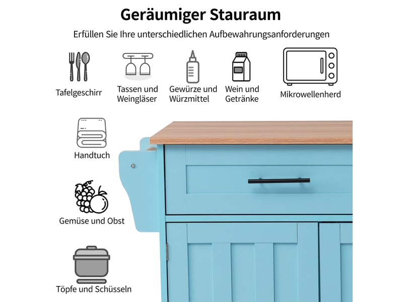  Desserte de cuisine bleue et bois naturel 129 × 4671 × 91,5 cm en mdf, plateau rabattable, rangements et roulettes  - Conforama C