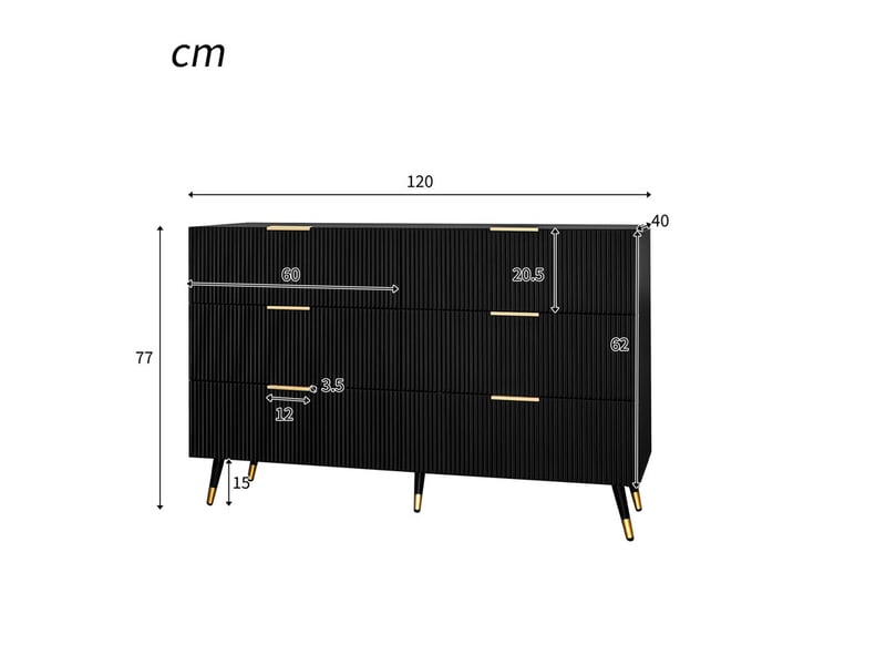  Buffet cuisine, armoire avec 6 tiroirs, 120 x 40 x 77 cm, meuble de rangement, commode, noir  - Conforama C