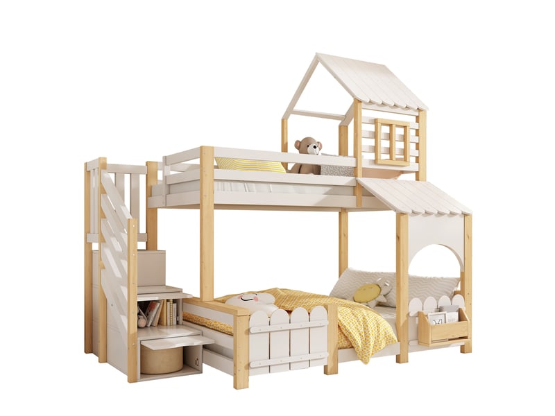  Lit superposé enfant 3 places 90 × 200 cm et 140 × 200 cm, escalier de rangement, sans matelas, blanc et chêne  - Conforama A
