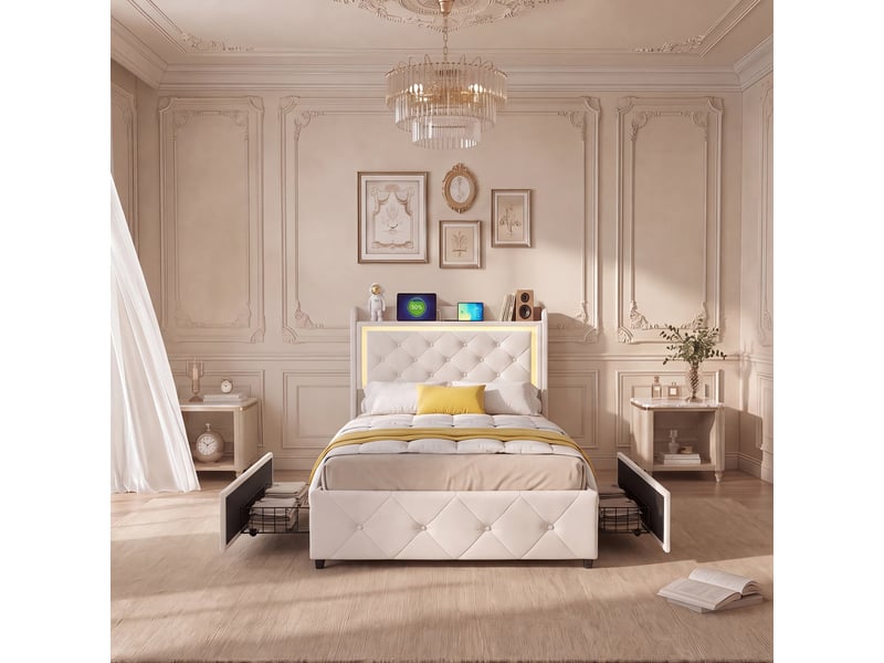  Lit simple de rangement 90×200 cm, avec 2 tiroirs de rangement, cadre de lit revêtu de velours, tête de lit avec éclairage led rgb et port usb type-c, beige, matelas non inclus 250616WXL0301#ADHW0eLaN1FRHF - Conforama B