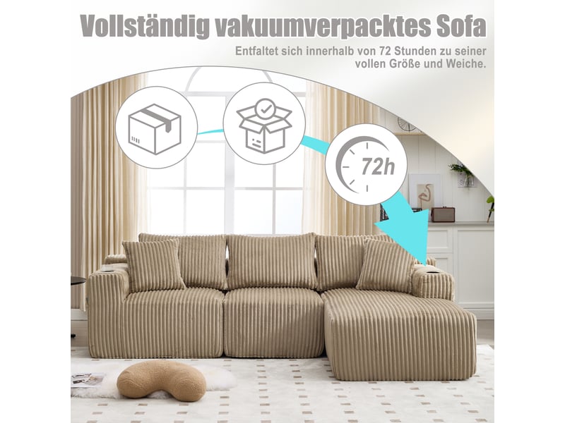  Canapé d’angle réversible 3 places en velours côtelé kaki, 257 cm, sans montage W2845S00160 - Conforama D