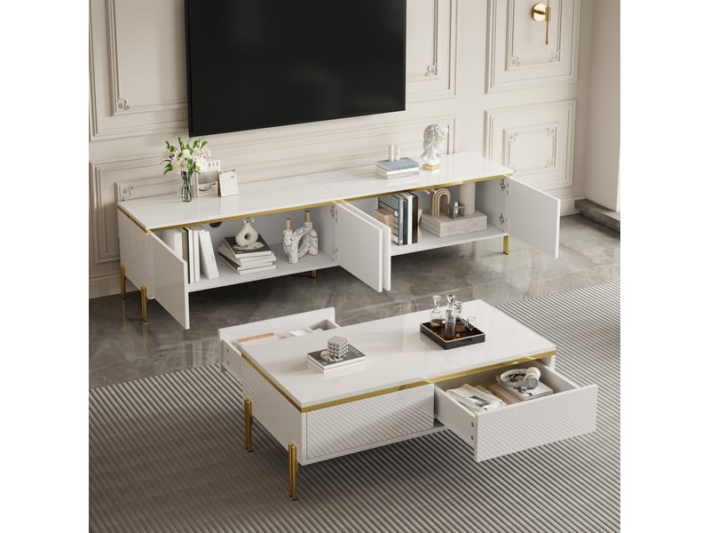  Ensemble meuble tv et table basse modenvie blanc 170 x 38 x 50 cm et 100 x 50 x 36 cm rangement finition brillante et détails dorés  - Conforama D
