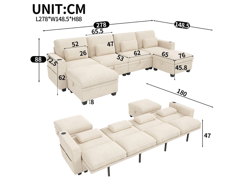 Canapé d’angle modulable convertible 6 places en chenille beige, coffres, 2 poufs, usb-c et dossier réglable - Conforama C