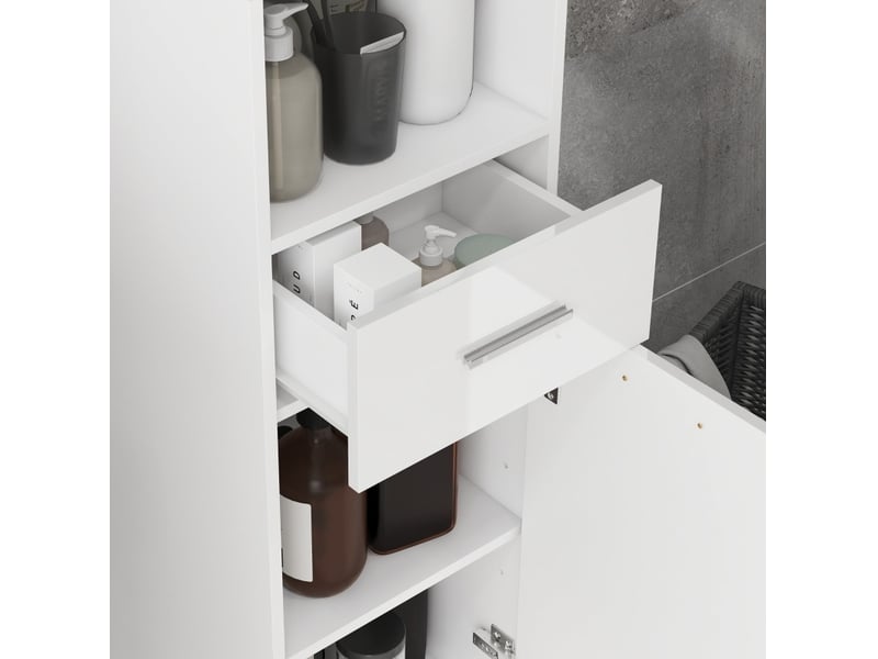  Armoire de salle de bains 30x30x180 cm avec tiroir et rangements réglables panneau de particules blanc  - Conforama D