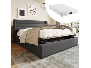 Lit coffre 160 × 200 cm 2 places avec rangement hydraulique, matelas inclus, en tissu beige