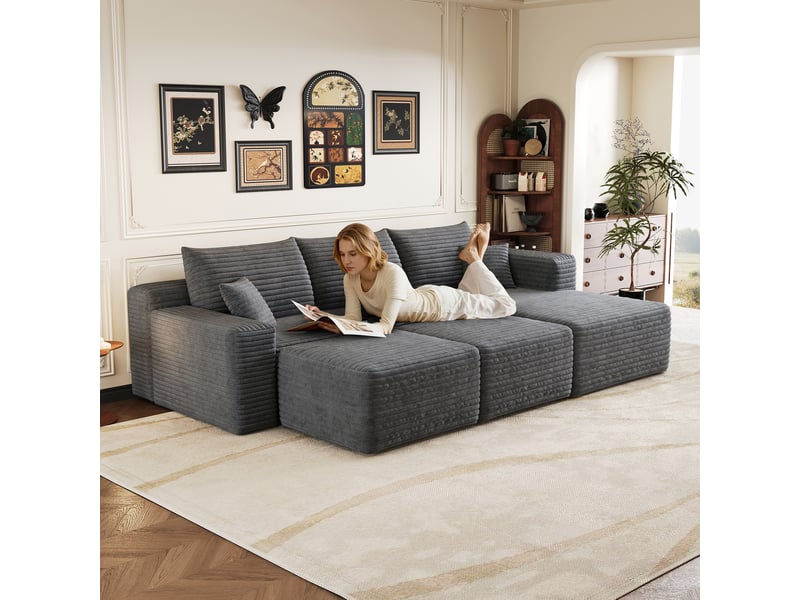  Canapé d'angle modulable 5 places 241x151x58 cm velours côtelé noir sans montage assise profonde effet nuage,gris ABC - Conforama E