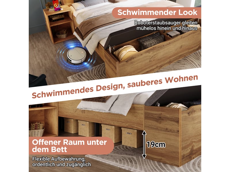  Lit double, lit 2 personnes 160x200 cm, rangement intégré, chevets intégrés, usb, lampe de lecture, matelas inclus, lin chêne  - Conforama D