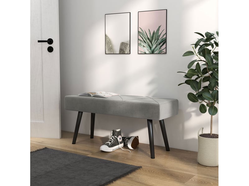  Bout de lit rembourré avec motif en x, assise confortable et pieds en acier, aspect velours gris 100 × 36 × 45 cm  - Conforama D