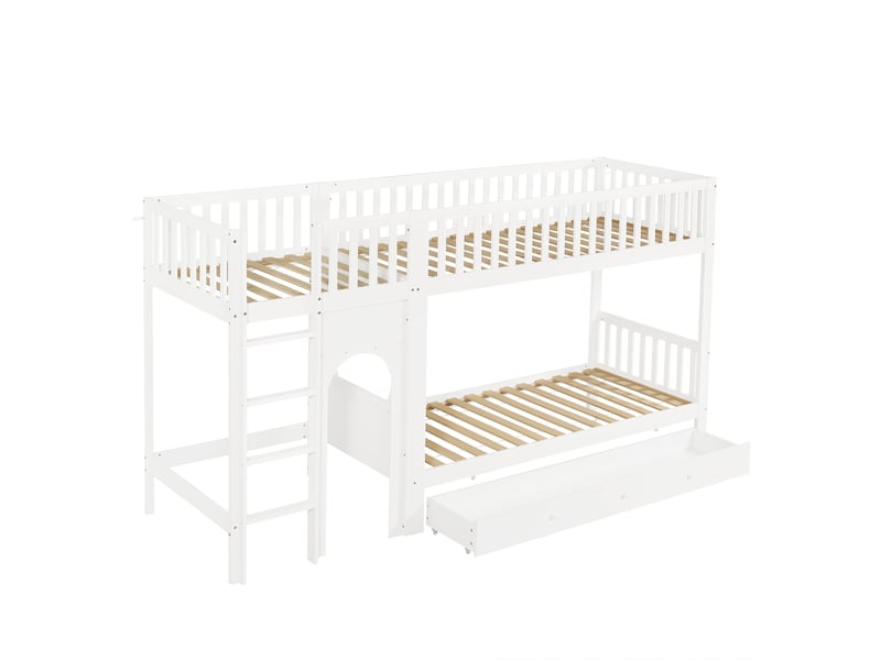  Lit superposé enfant 90x200 cm – blanc et naturel – échelle 4 marches et barrières 4 côtés – sans matelas  - Conforama D
