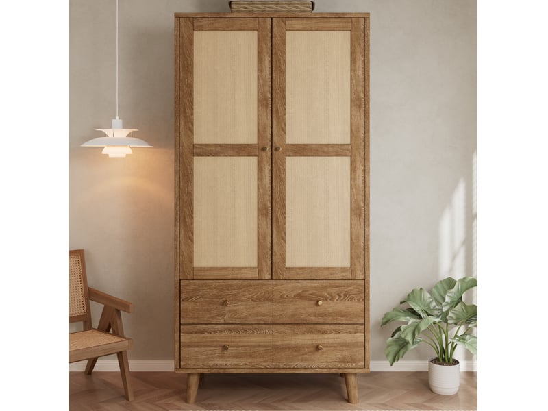  Armoire 80x50x180 cm avec 2 tiroirs et 2 portes en mdf, couleur bois foncé, design naturel, design effet rotin  - Conforama D