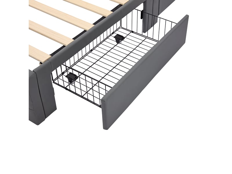  Lit 90x190 cm avec usb, chargement sans fil, led, 4 tiroirs, polyuréthane (pu), gris, sans matelas  - Conforama E