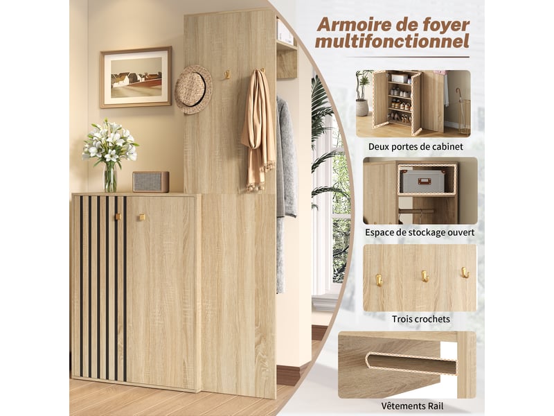  Vestiaire d'entrée 115 x 38,5 x 191,5 cm, patères, étagères réglables, rangement haut, portes rainurées, mdf naturel ABC - Conforama D