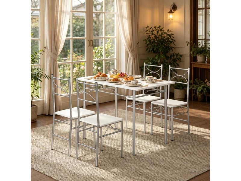 Ensemble table à manger et 4 chaises mdf blanc et métal argenté - Conforama E