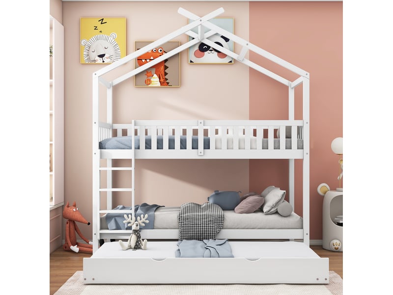  Modenvie lit cabane gigogne 90x200 cm - 3 couchages, structure en pin massif, sans matelas - blanc  - Conforama D