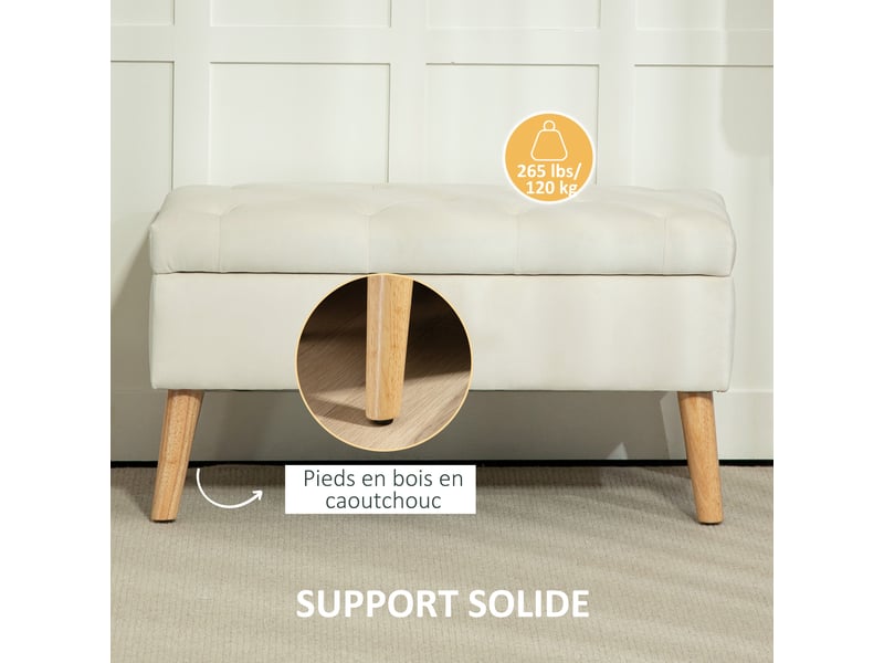 Banc de rangement coffre de rangement tissu effet velours pieds en bois 80 x 35 x 42 cm charge max. 120 kg, crème - Conforama R