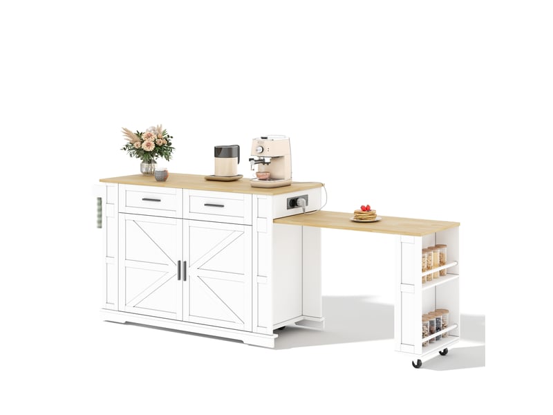  Desserte cuisine mobile 130x50x93 cm plan coulissant, prise usb, 2 tiroirs, mdf blanc et chêne, design moderne  - Conforama A