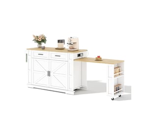 Desserte cuisine mobile 130x50x93 cm plan coulissant, prise usb, 2 tiroirs, mdf blanc et chêne, design moderne