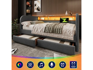 Lit capitonné 140x190 cm en lin gris, structure de lit avec 2 tiroirs et tête de lit rangement, éclairage led & usb pour chambre.