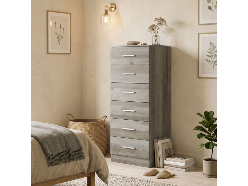  Commode à 6 tiroirs, commode haute de chambre avec dispositif anti-basculement, 40 x 40 x 110 cm, gris clair  - Conforama C