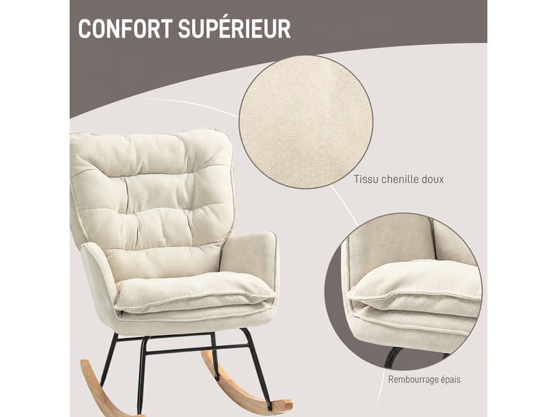  Fauteuil à bascule à accoudoirs en tissu chenille beige, fauteuil détente jusqu'à 120 kg pour chambre et salon  - Conforama D