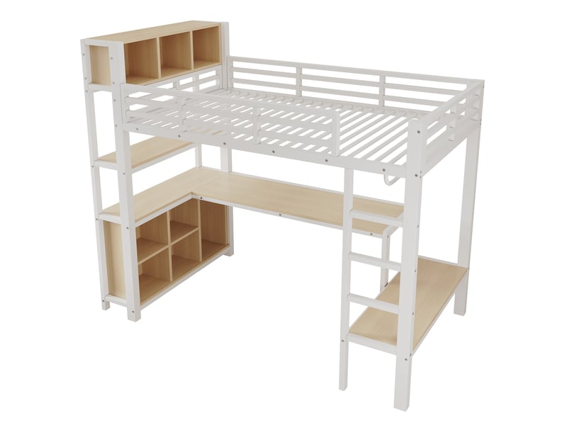 Lit mezzanine, 90 × 200 cm, blanc, bureau, penderie, étagères, sans matelas, métal, dimensions 228 × 95 × 190 cm - Conforama A