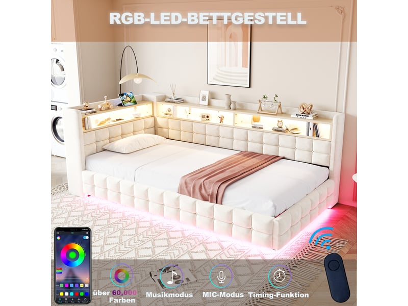  Lit canapé velours beige 90x200 cm avec rangement hydraulique, led, usb et étagère  - Conforama B