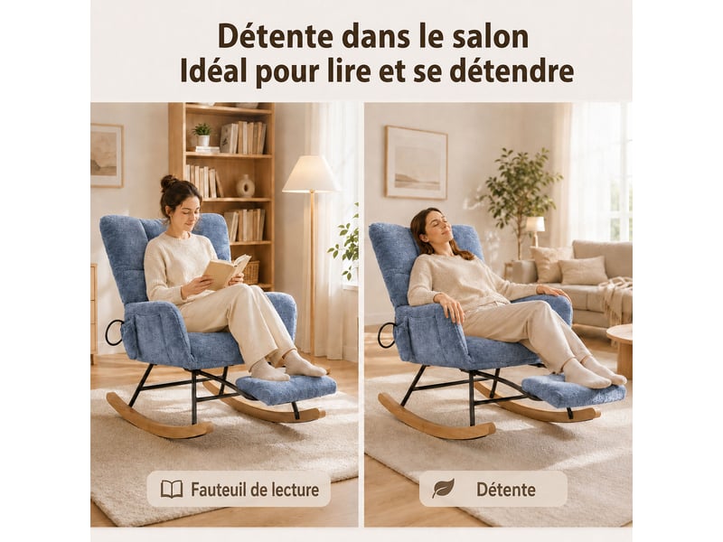  Chaise à bascule ergonomique en tissu chenille bleu avec repose‑pieds rétractable, poche de rangement, structure métal et bois massif, charge 120 kg  - Conforama D