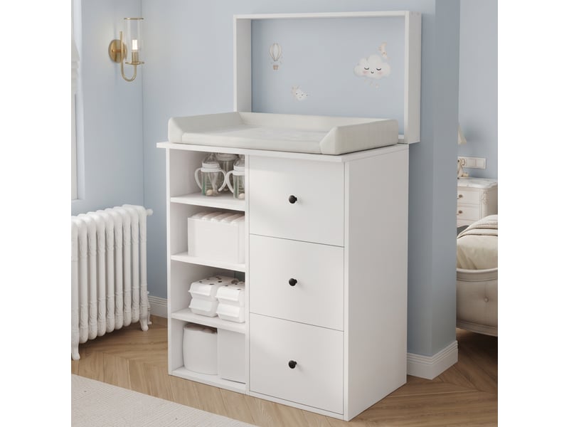  Table à langer 2 en 1 avec tiroirs de rangement, 82x50x100 cm, commode à langer blanche, sans matelas à langer  - Conforama R