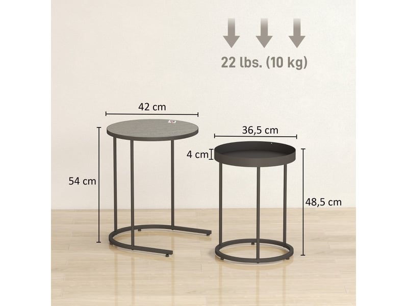  Tables basses gigognes rondes en métal avec plateau à rebord et patins antidérapants pour salon gris et noir  - Conforama C