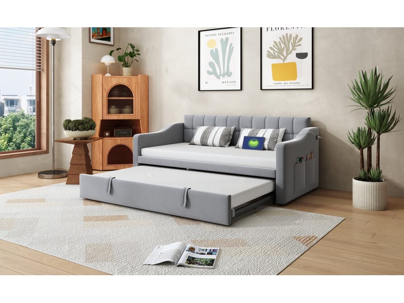  Lit gigogne 90x190 cm, lit enfant, lit double, charge, sac de rangement, métal et mdf, velours, gris clair sans matelas  - Conforama B