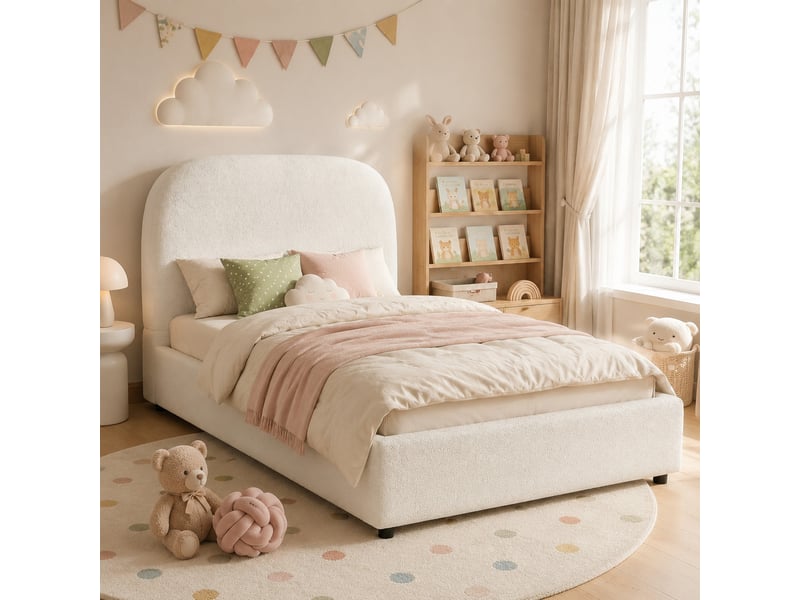 Lit enfant 90x200 cm bouclé avec rangement hydraulique beige - Conforama B