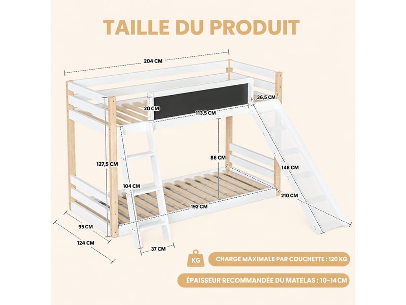 Lit superposé enfant avec toboggan et escalier, bois, barrières, 90 x 200 cm - Conforama C