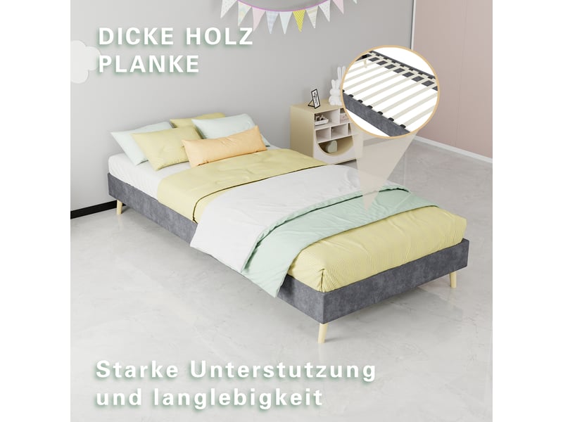  Cadre de lit, lit enfant 90x200 cm, cadre bas, velours gris, sans matelas  - Conforama R