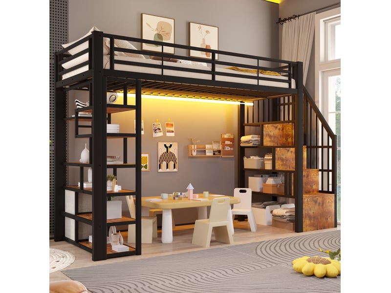  Lit mezzanine 90x200 cm, escalier rangement, 2 tiroirs, led, métal et mdf, noir et blanc, sans matelas  - Conforama B
