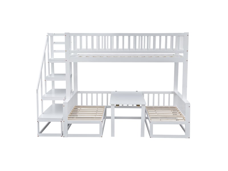 Lit superposé 90x200 cm et 120x200 cm avec escalier, table réglable, bois et mdf blanc sans matelas - Conforama A
