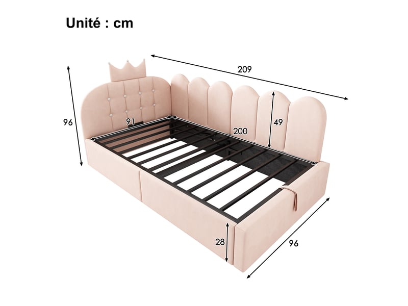  Lit banquette 90 x 200 cm avec coffre hydraulique, dossier réversible, velours rose  - Conforama C