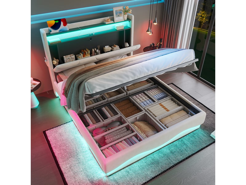  Lit coffre 140x200 cm rembourré avec rangement hydraulique, tête de lit avec étagères, LED, USB et Type-C Fay Lum - Conforama B