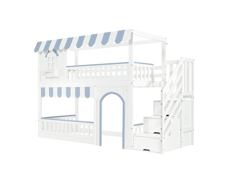  Lit superposé 90x200 cm blanc et bleu – bois, escalier et rangements, fenêtres décoratives, sommier inclus  - Conforama A
