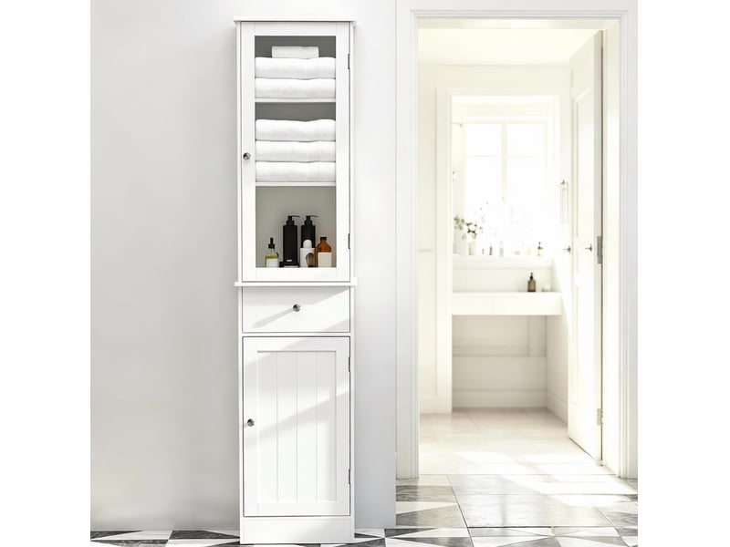  Armoire de salle de bain moderne avec 2 portes 1 tiroir et 3 étagères, surface résistante à l'eau blanche  - Conforama B