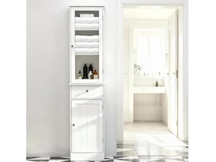 Armoire de salle de bain moderne avec 2 portes 1 tiroir et 3 étagères, surface résistante à l'eau blanche